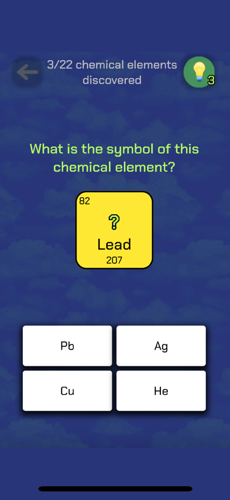 Una pregunta de quiz de química que pide el símbolo químico del elemento plomo