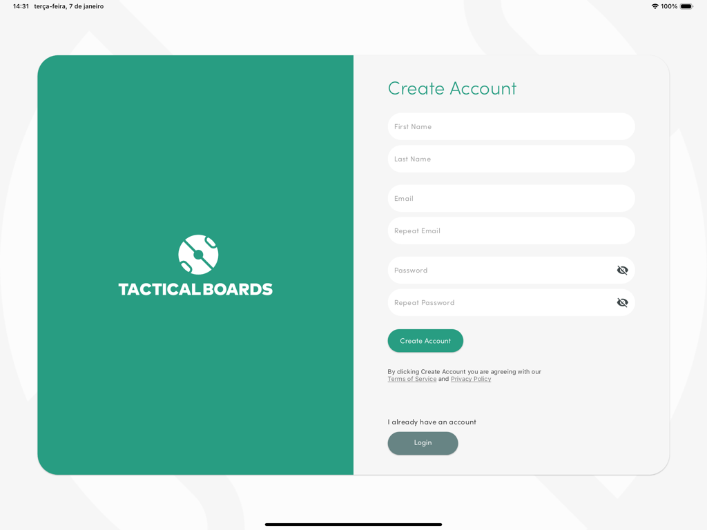 Sign up page for the Tactical Boards coaching app featuring the account creation form