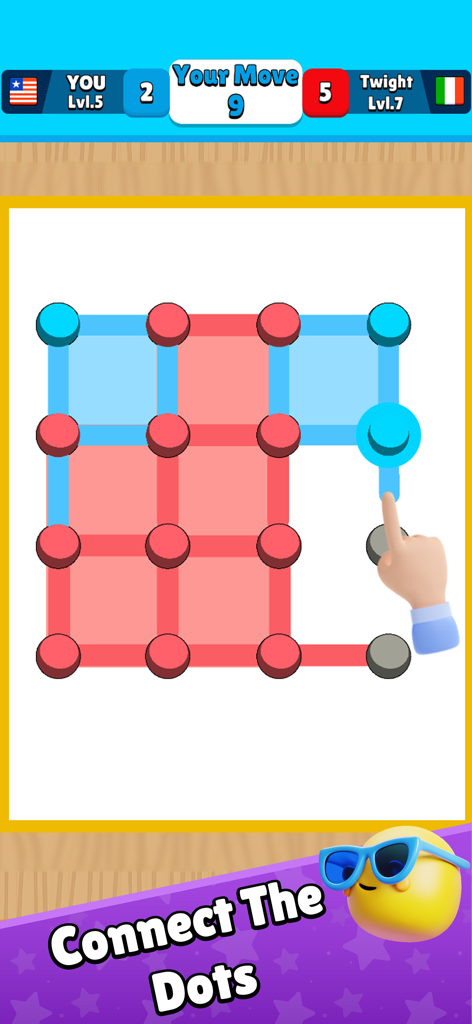 A competitive match in the Dots N Numbers app where players connect dots to conquer squares on a grid.