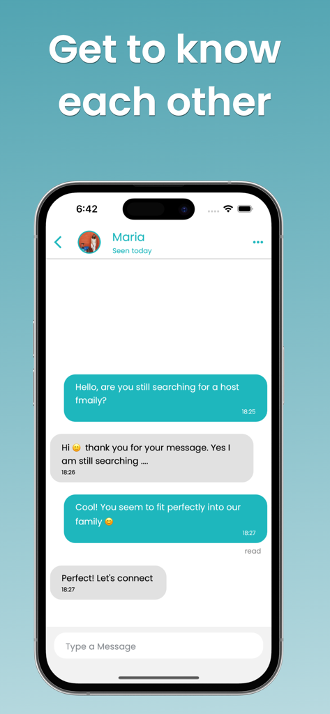 Pantalla de chat seguro de la aplicación Aupair Valley mostrando una conversación entre una familia anfitriona y un au pair