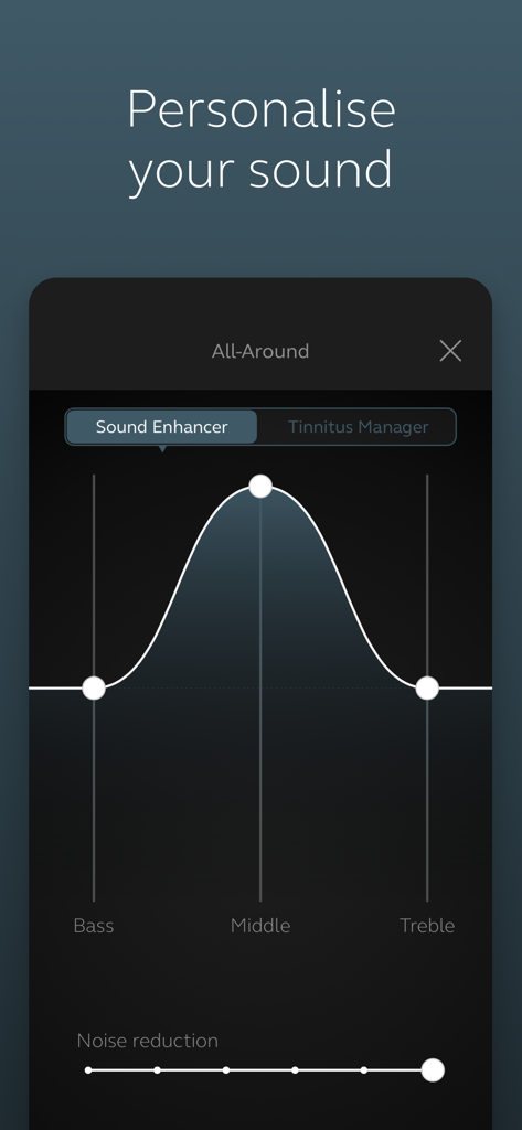 Jabra Enhance Pro - Jabra Enhance Pro app sound personalization screen with bass middle and treble equalizer
