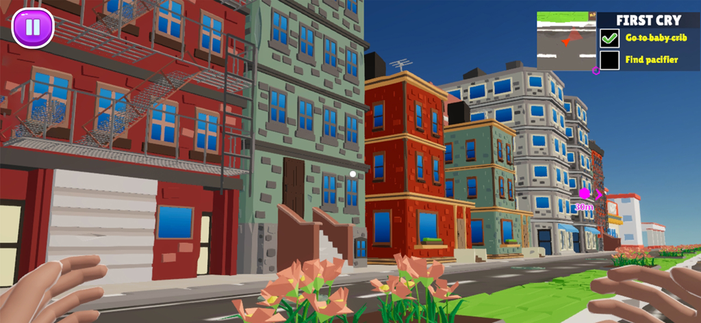 A first person view of a colorful city street in Mom Simulator with a mission to find a pacifier