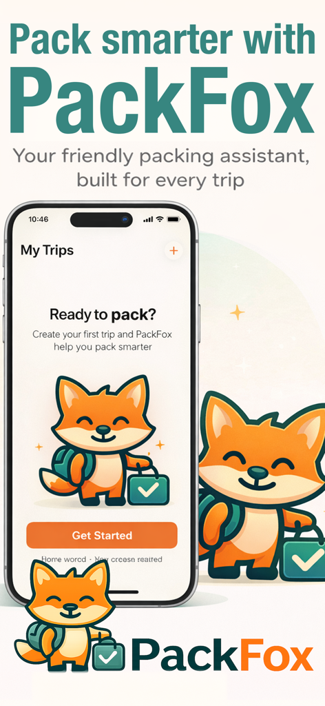 PackFox - Smart Packing Lists - iPhone-Bildschirm, der die Willkommensseite der PackFox-App mit einem freundlichen Fuchs-Maskottchen zeigt, das einen Koffer hält, und der Überschrift Pack smarter with PackFox.