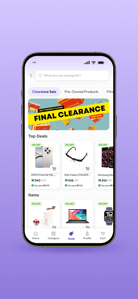 Ourshopee mobile app Deals section showing a final clearance banner and discounted electronics like smartphones and laptops.
