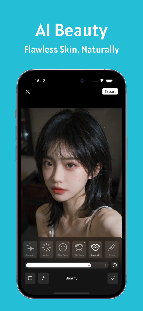 GlowCam app interface for AI beauty retouching and natural skin smoothing