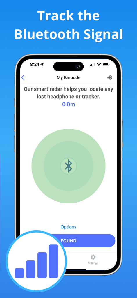 Find My Earbuds: Device Finder - Smartphone screen showing a Bluetooth signal radar interface to track lost earbuds