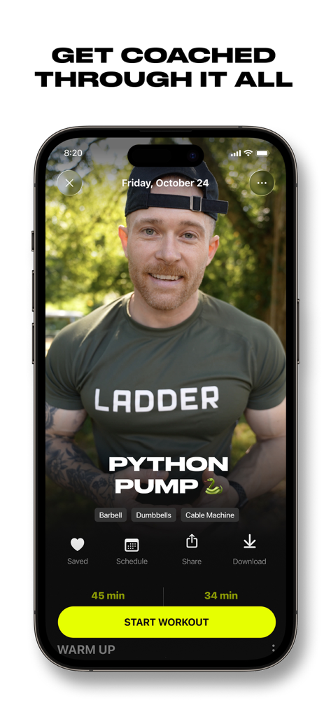 A professional coach on the Ladder app screen for a strength training session named Python Pump.