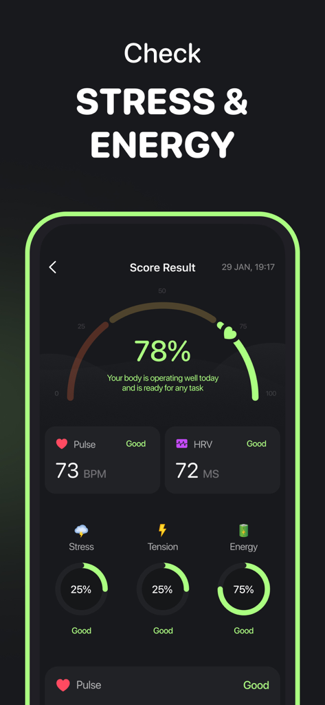 Check Pulse - Stress Monitor - Dashboard of the Check Pulse app showing stress energy levels and heart rate variability metrics