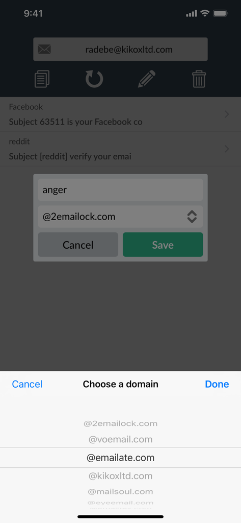Customizing a temporary email login and choosing from multiple domains in the app