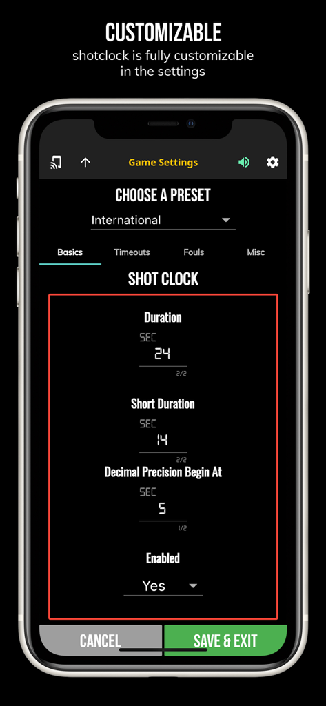BT Basketball Shotclock - Settings screen of the BT Basketball Shotclock app showing customizable game rules and shot clock duration presets