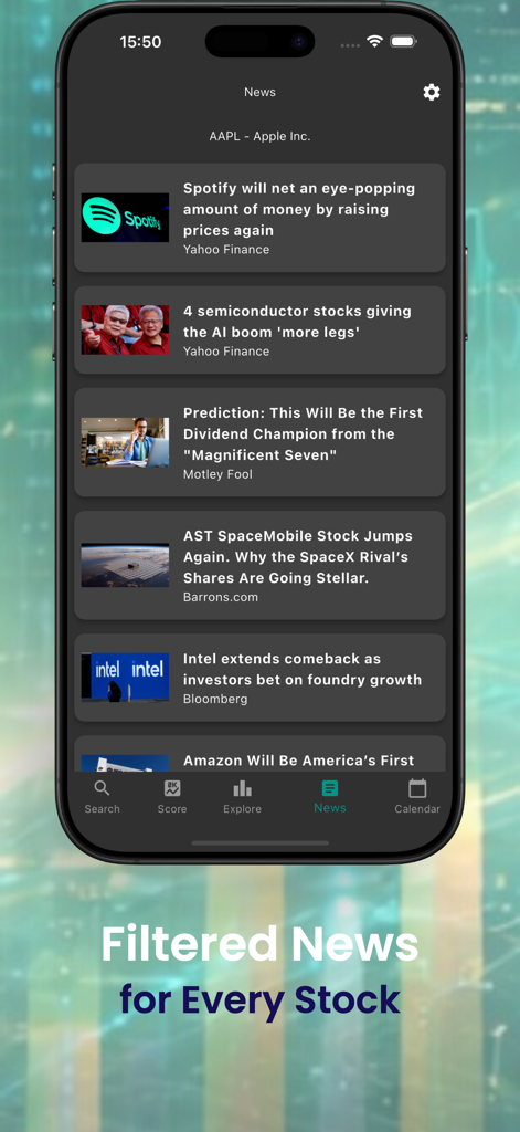 Stock Score - Sección de noticias filtradas para una acción específica en la aplicación financiera Stock Score.