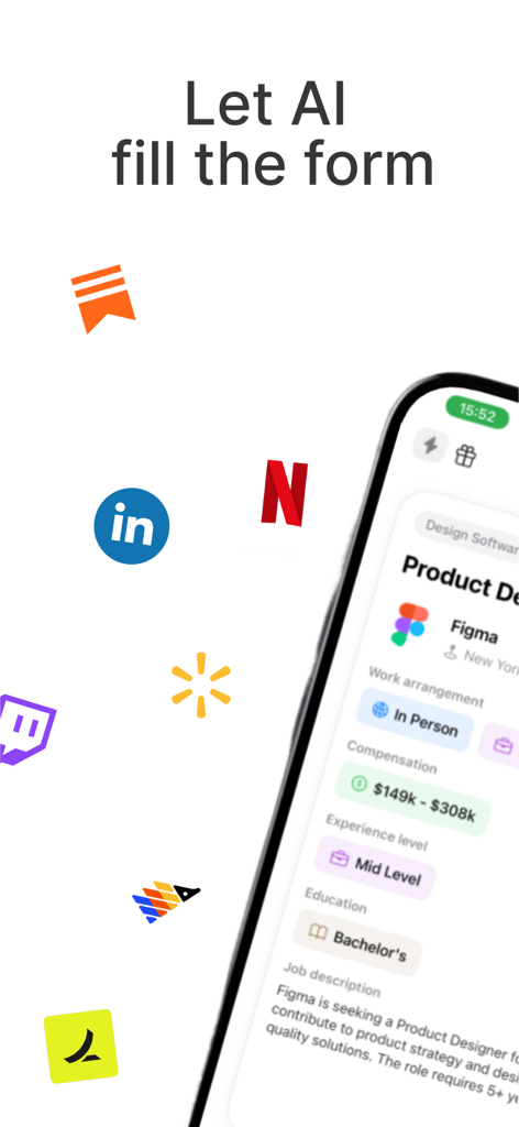 Sorce - AI Job Search - Interface do aplicativo Sorce mostrando uma listagem de emprego para Figma com o título Deixe a IA preencher o formulário