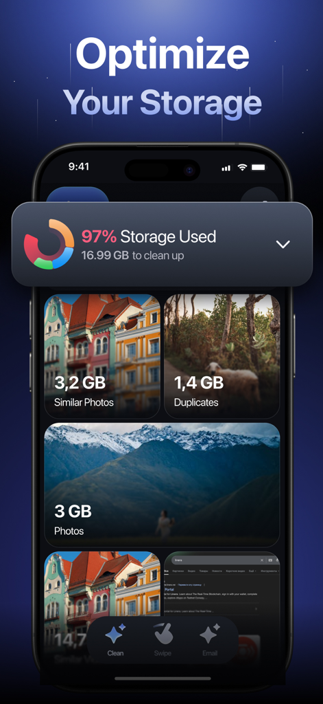 AI Phone Cleaner－Clean Storage - AI Phone Cleaner app interface showing storage analysis with categories for similar photos and duplicates to free up space