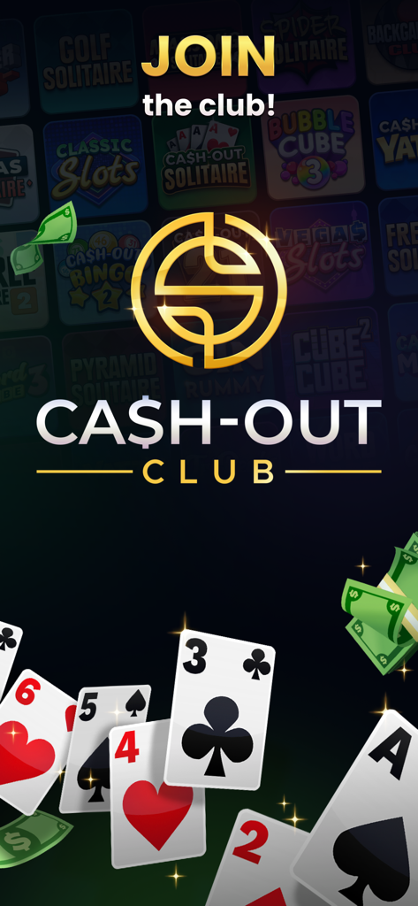Cash Out Club - Win Real Money - Cash Out Club app welcome screen featuring the logo with playing cards and cash to win real money.