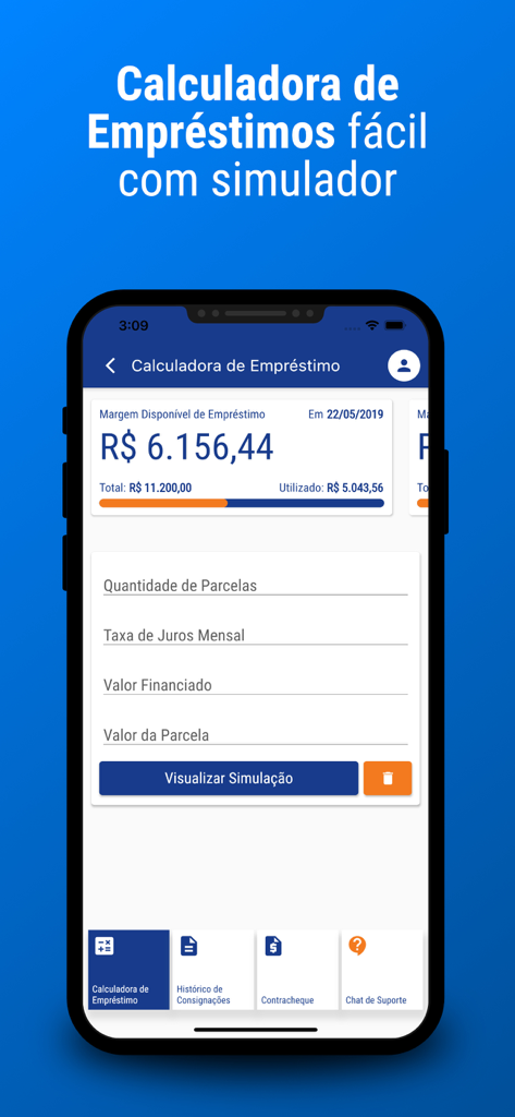 Interfaz de la app móvil Sicon que muestra una calculadora de préstamos de nómina y simulación de margen disponible.
