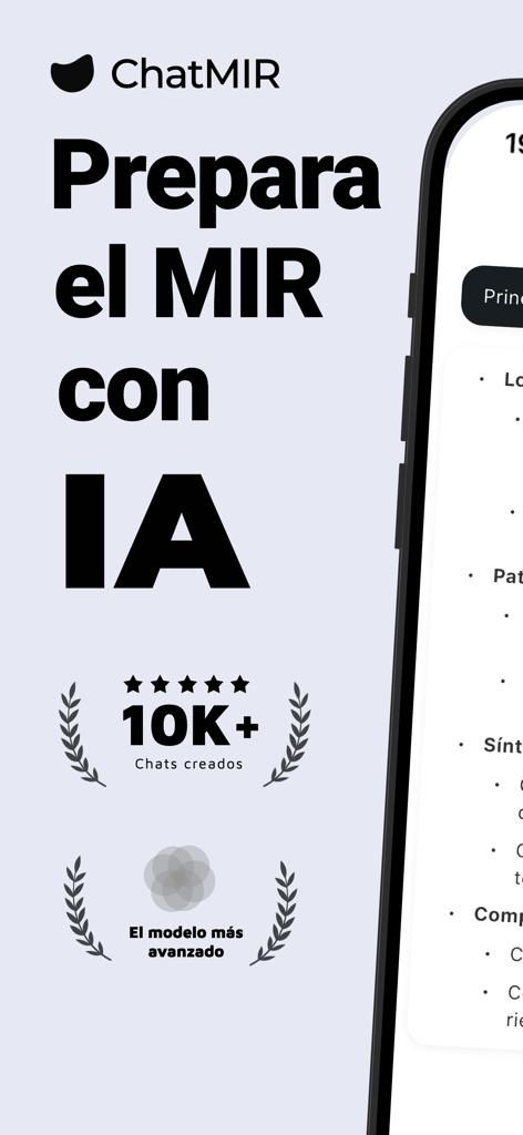 Promotional screen for ChatMIR app highlighting AI-powered MIR medical exam preparation with statistics and advanced model features