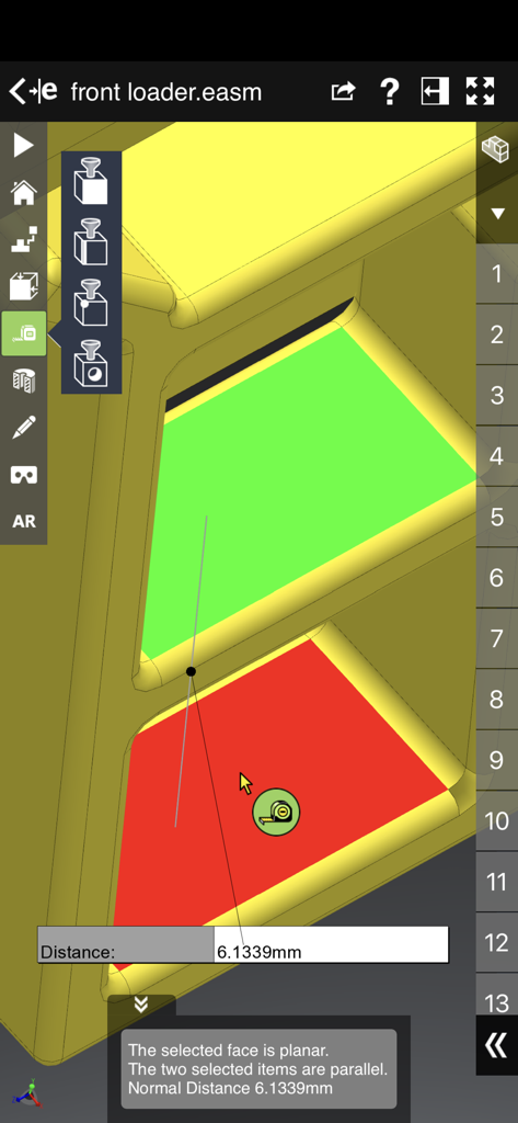 Eine 3D-CAD-Modell-Messschnittstelle in der eDrawings Pro App, die den Abstand zwischen parallelen Flächen anzeigt.