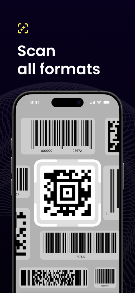 QR Code Reader · Barcode Maker - iPhone-Oberfläche, die die App beim Scannen verschiedener QR-Code- und Barcode-Formate zeigt