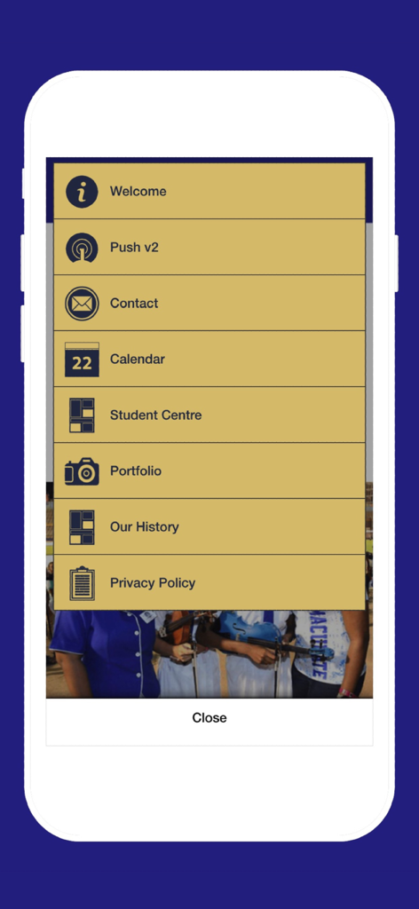 Immaculate Conception High - Main menu screen of the Immaculate Conception High mobile app featuring school resources