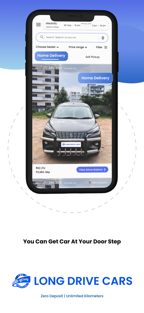 Long Drive Cars - Car Rental - Smartphone-Bildschirm, der die Benutzeroberfläche der Langstreckenautos-App mit einer Liste von Mietwagen und der Option zur Lieferung nach Hause anzeigt