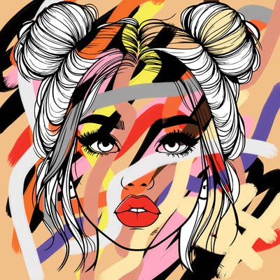 realistic girl with two buns on her hair and lips