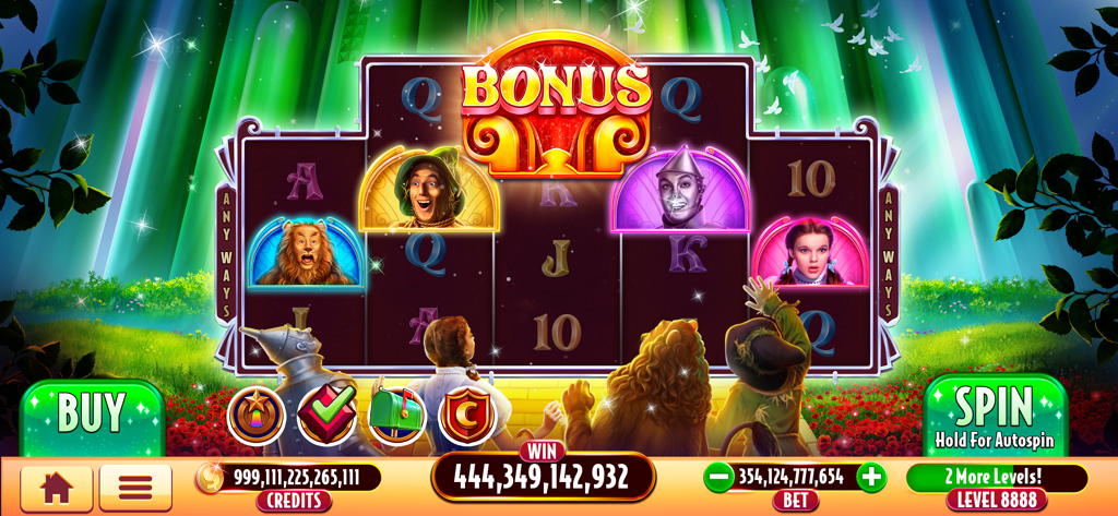 Wizard of Oz Slots Games - Pantalla de juego de El Mago de Oz Slots con personajes de la película en los rodillos con la Ciudad Esmeralda al fondo