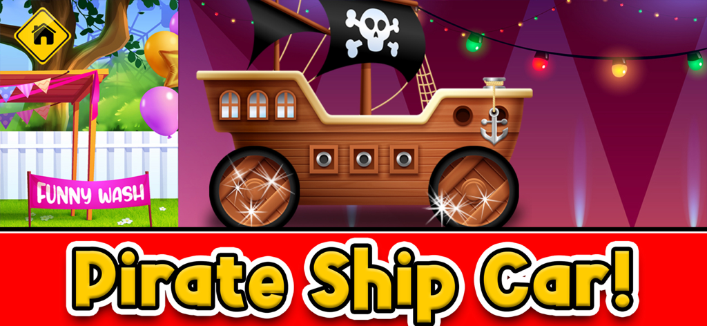 Little Car Wash: Vehicle Game - A sparkling pirate ship themed car in the Little Car Wash game for kids.