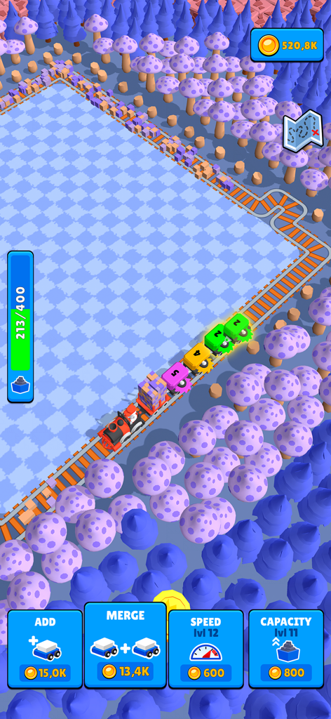 Captura de ecrã da jogabilidade do Train Miner mostrando um comboio colorido nos trilhos a viajar por uma floresta de cogumelos com controlos de atualização e junção na parte inferior.