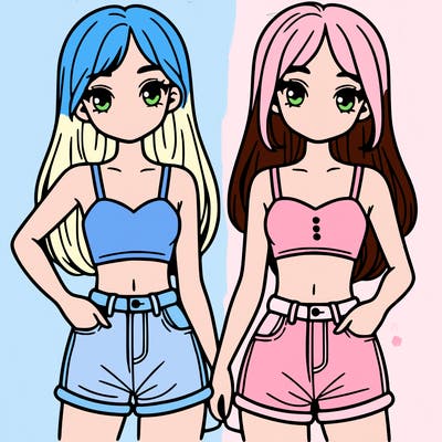 two sisters with crop tops and jean shorts and straight hair