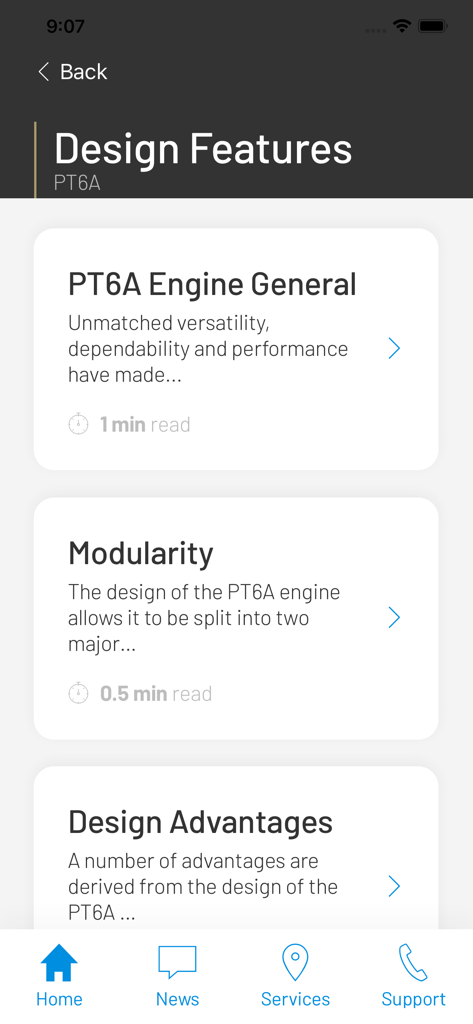 Tela do aplicativo móvel mostrando a seção de recursos de design para o motor turboélice PT6A.