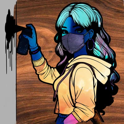 realistic girl with mask spray painting a wall