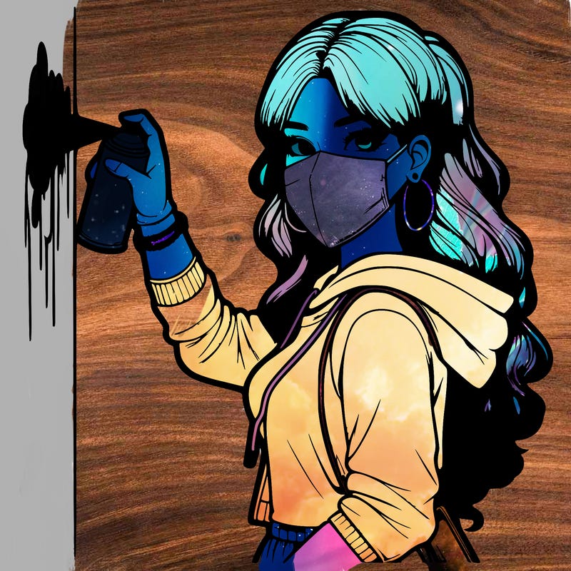 realistic girl with mask spray painting a wall