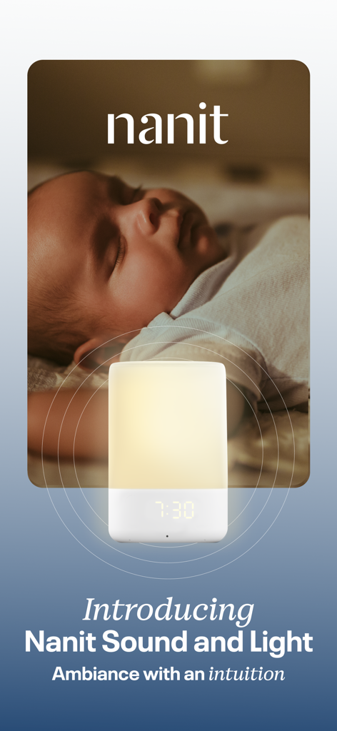 Introducción a la aplicación Nanit Sonido y Luz que muestra a un bebé durmiendo y el dispositivo de luz nocturna inteligente