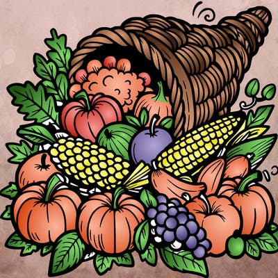 a cornucopia spilling out autumn fruit%2c vegetable