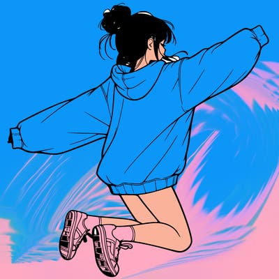 realistic girl jumping with a bun and oversized sweatshirt