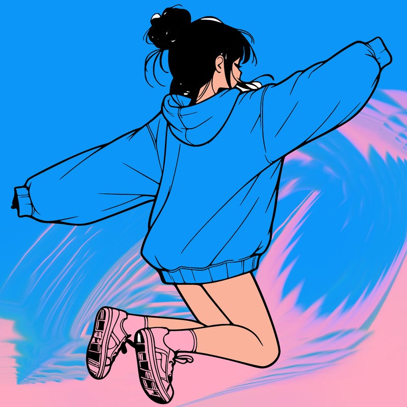 realistic girl jumping with a bun and oversized sweatshirt