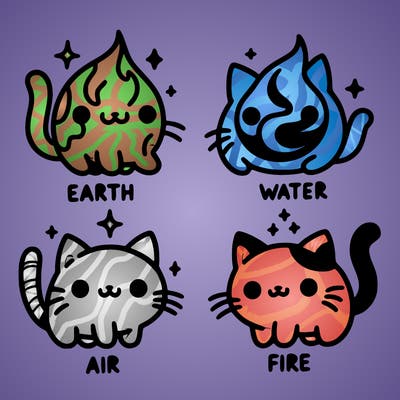 4 cats that represent the different elements, earth, water, air, and fire