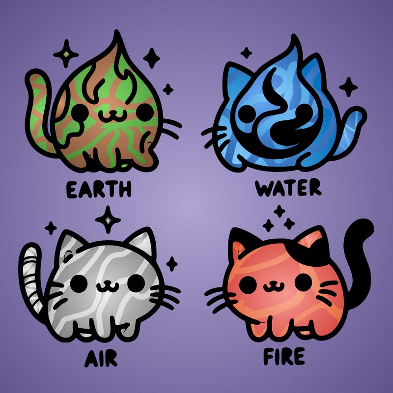 4 cats that represent the different elements, earth, water, air, and fire