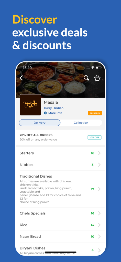Barrow Eats app screen showing exclusive deals and an Indian restaurant menu