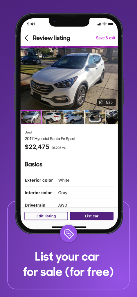 Cars.com - New & Used Cars - Mobile app interface for Cars.com showing a car listing preview for a used Hyundai Santa Fe Sport with an option to list for sale for free.