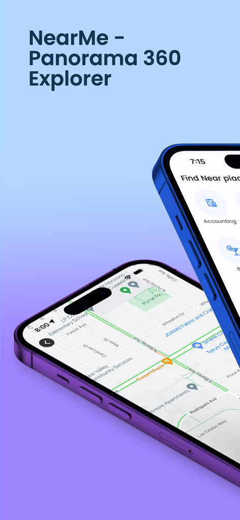Street View - Panorama 360° - Application Street View montrant la navigation sur carte et la recherche d'emplacements à proximité sur deux iPhones