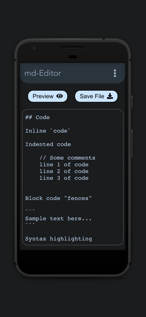Markdown editor mobile app interface showing code syntax and preview options