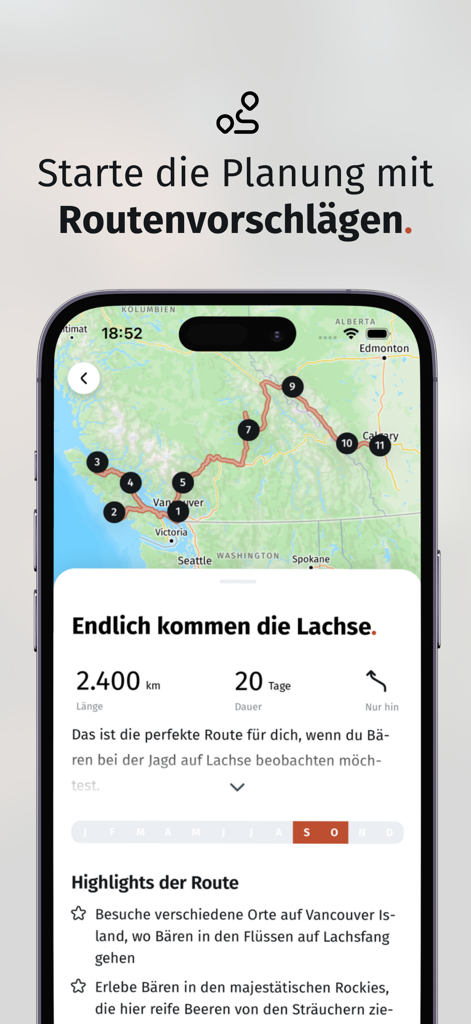 Wildful Stories: Roadtrip App - Captura de pantalla de la aplicación Wildful Stories que muestra una ruta de roadtrip en un mapa de Canadá con puntos destacados para la observación de osos y salmones