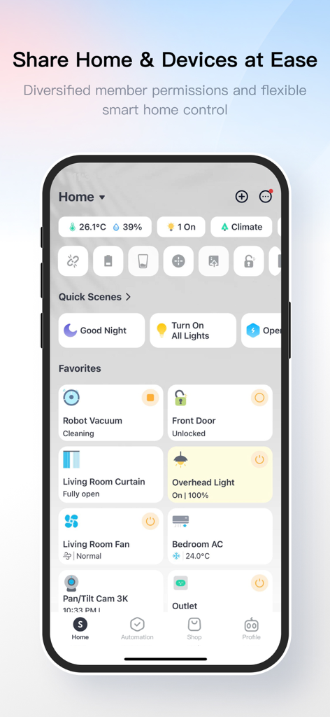 SwitchBot - SwitchBot app home dashboard showing smart home device controls and quick scenes