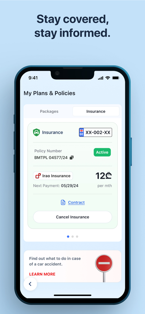 Caru.Ge - Caru.Ge app screen showing active car insurance policy details and monthly payment information