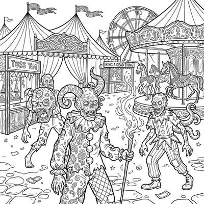 Dive into a twisted carnival scene where mutated zombies roam free. This unique coloring page blends horrifying creatures with classic fairground fun, offering a thrilling artistic challenge.