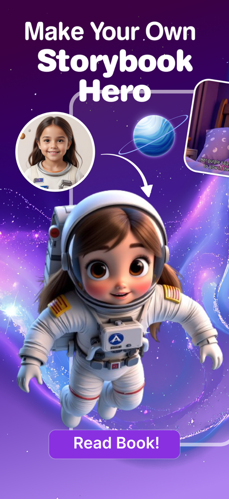 Storytime AI: Story Generator - A child photo transformed into an AI generated astronaut character for a personalized storybook