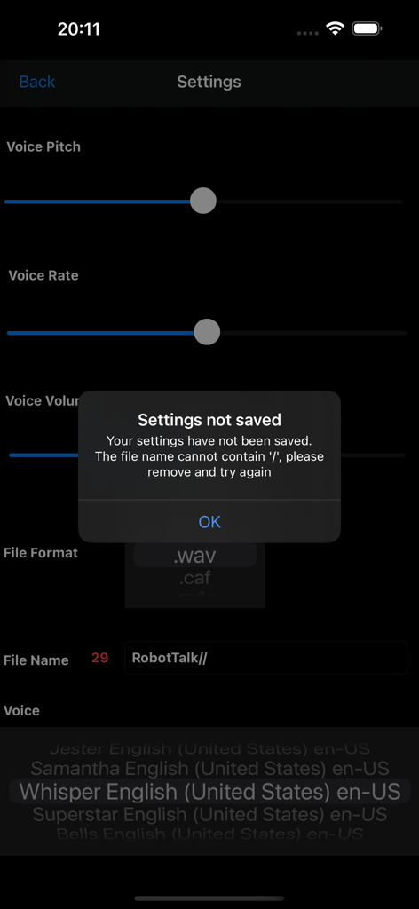 Robot Talk - Robot Talk app settings screen showing a pop up alert for an invalid file name and voice configuration options