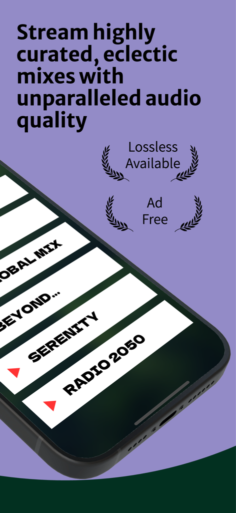 Radio Paradise - Pantalla de la aplicación Radio Paradise que muestra canales de música curados con audio sin pérdidas y funciones de escucha sin publicidad.