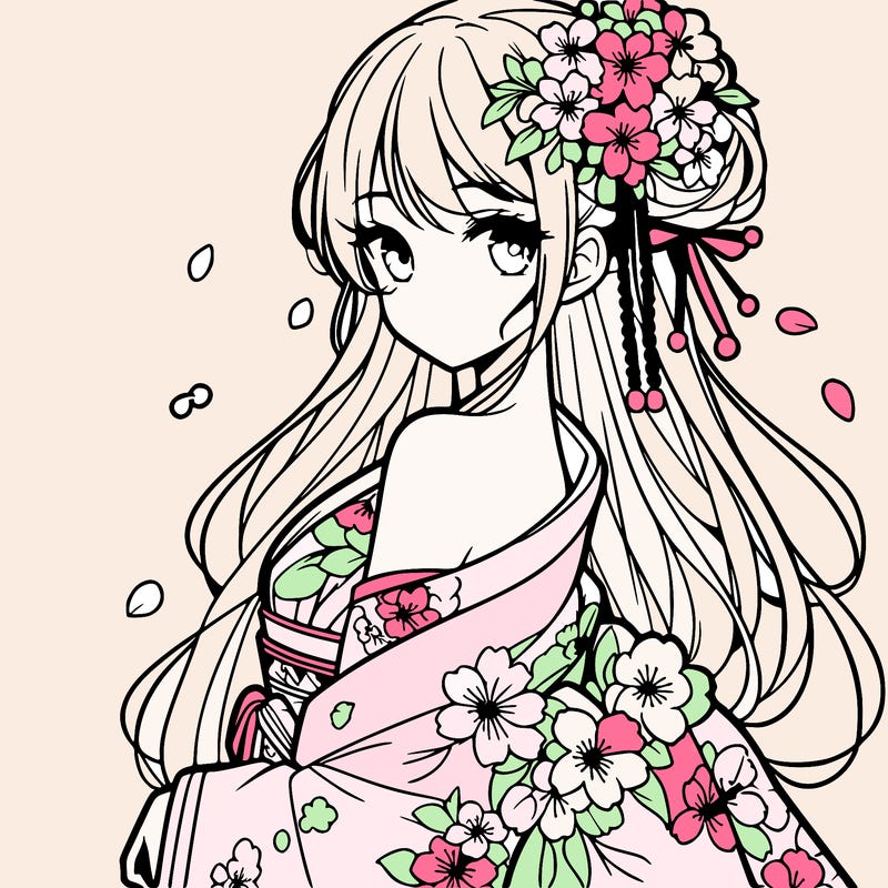 a beautiful anime girl in a cherry blossom kimono